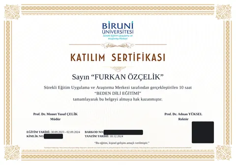 Biruni Üniversitesi Beden Dili Eğitimi katılım sertifikası