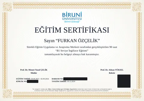 Biruni Üniversitesi B1 seviye İngilizce eğitim sertifikası