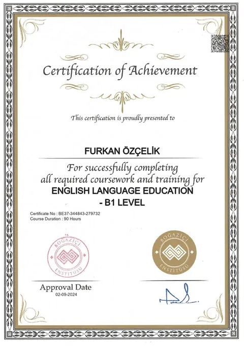 İstanbul Boğaziçi Enstitüsü B1 seviye İngilizce başarı sertifikası