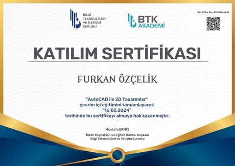 BTK Akademi AutoCAD ile 2D Tasarımlar katılım sertifikası