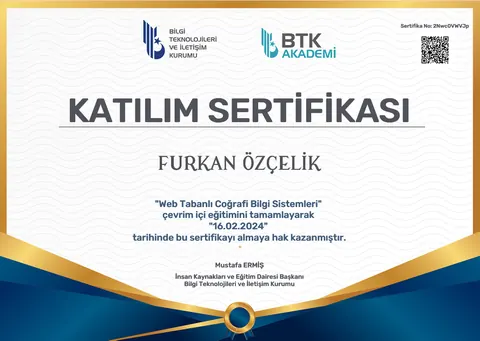 BTK Akademi Web Tabanlı Coğrafi Bilgi Sistemleri katılım sertifikası