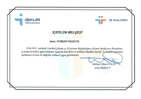 İŞKUR İş Kulübü eğitimi katılım belgesi