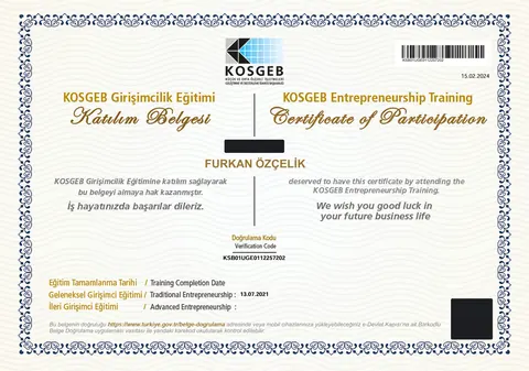 KOSGEB Girişimcilik Eğitimi katılım belgesi